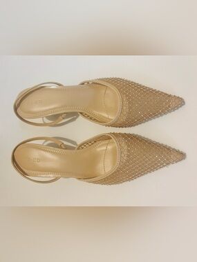 Beige Rhinestone Slingback Kitten Heels Women's Dress Shoes